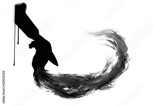 silhouette of hand drawing with brush with abstract smoke shadow behind it