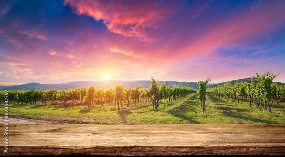 Obraz premium Barrel Wineglasses Cheese And Bottle In Vineyard At Sunset . High quality photo