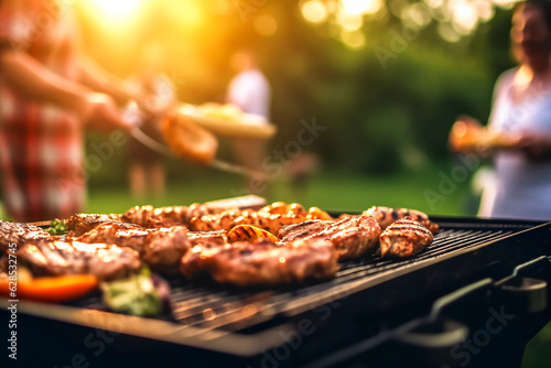 Outdoor grill barbeque with blurred people in background. Party and leisure concept.