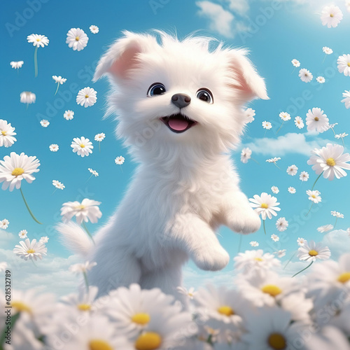 Illustration of happy white dog with daisies generative ai