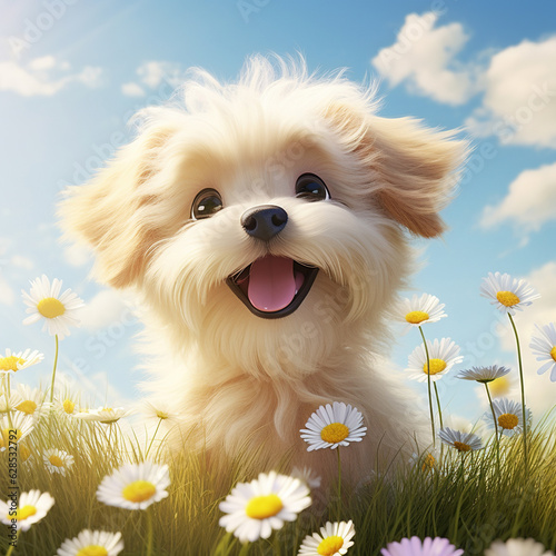 Illustration of happy white dog with daisies generative ai