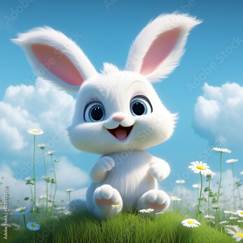 Illustration of happy white rabbit with daisies generative ai