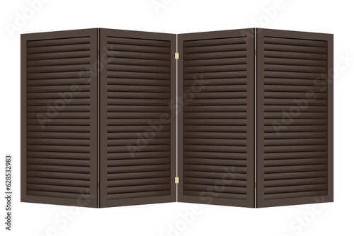 Four-fold dark wooden interior folding screen with horizontal slats. Vector illustration on a white background. Object for dividing a room. Vintage paravan for changing clothes and toilet