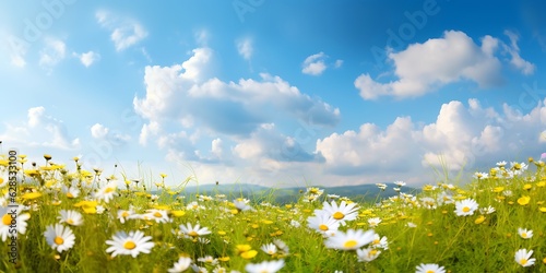 Beautiful, sun-drenched spring summer meadow. Natural colorful panoramic landscape with many wild flowers of daisies against blue sky with clouds, Generative AI