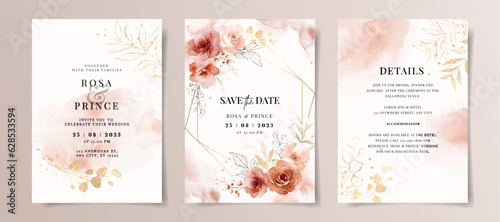 Set of watercolor wedding invitation card template with red and peach floral and leaves decoration	