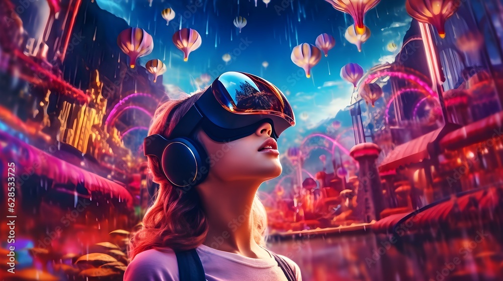 Young Woman with VR headset exploring the metaverse created with Generative AI technology Young Woman with VR headset exploring the metaverse created with Generative AI technology