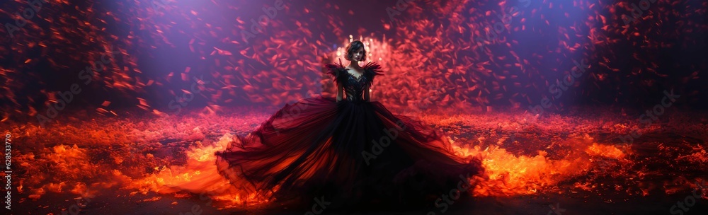 Beautiful woman in a black dress surrounded by flames. AI-generated.