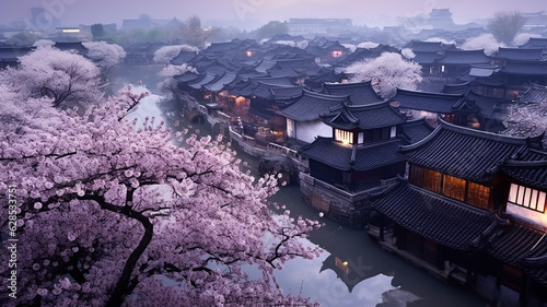 spring landscape with sakura in pink flowers landscape in an ancient Chinese city with a canal and a river.
