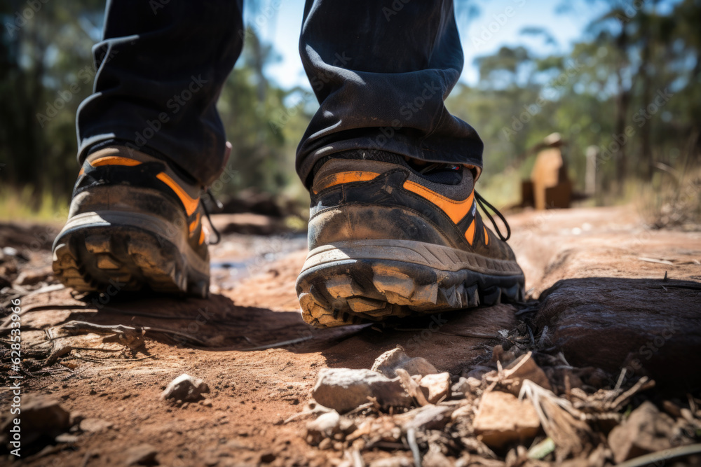 Close up of a person’s feet walking on a dirt trail. The person is wearing black hiking shoes. The trail is made of red dirt and rocks