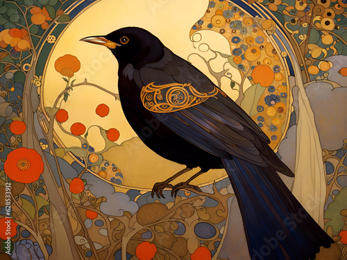 Decorative art nouveau illustration of a blackbird in profile in an ornate nature background photo