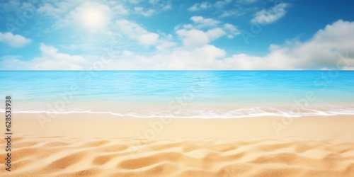 Abstract blur defocused background. Tropical summer beach with golden sand  turquoise ocean and blue sky with white clouds on bright sunny day. Colorful landscape for summer  Generative AI