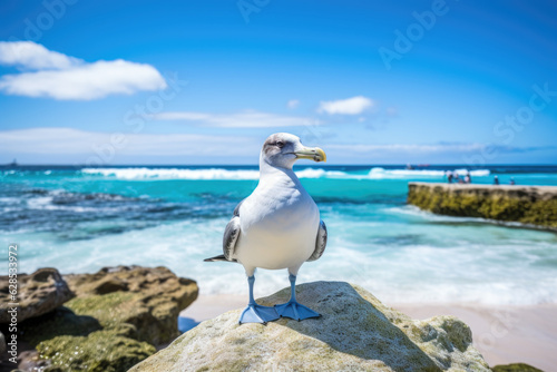 A seagull standing on a rock at the beach. The seagull is white with gray wings photo
