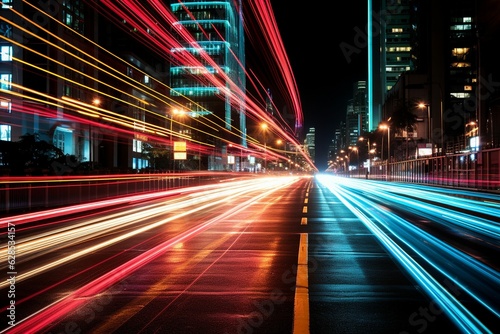 AI generated illustration of an urban landscape of a city skyline illuminated by bright light trails