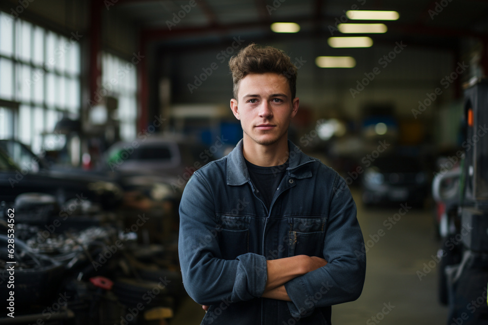 Engine of Industry: High-Resolution Portrait of a Young Mechanic Standing Confidently in a Bustling Car Factory Workshop Engine of Industry: High-Resolution Portrait of a Young Mechanic Standing Confidently in a Bustling Car Factory Workshop