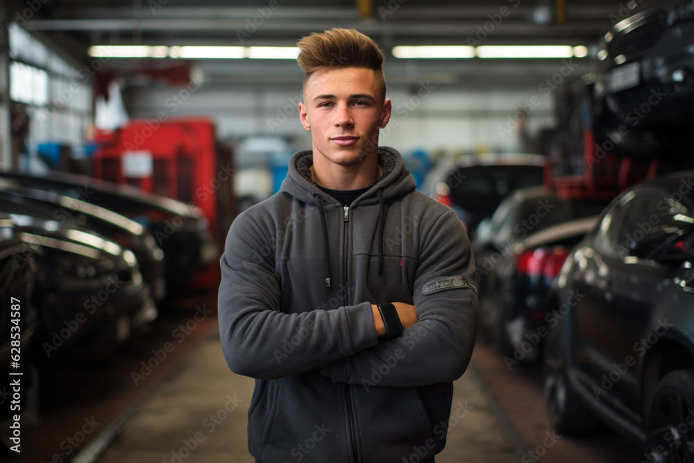Engine of Industry: High-Resolution Portrait of a Young Mechanic Standing Confidently in a Bustling Car Factory Workshop Engine of Industry: High-Resolution Portrait of a Young Mechanic Standing Confidently in a Bustling Car Factory Workshop