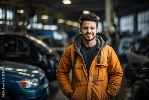 Engine of Industry: High-Resolution Portrait of a Young Mechanic Standing Confidently in a Bustling Car Factory Workshop © Moritz