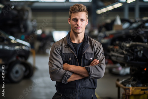 Engine of Industry: High-Resolution Portrait of a Young Mechanic Standing Confidently in a Bustling Car Factory Workshop