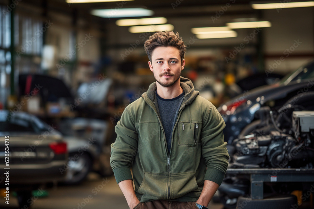 Engine of Industry: High-Resolution Portrait of a Young Mechanic Standing Confidently in a Bustling Car Factory Workshop Engine of Industry: High-Resolution Portrait of a Young Mechanic Standing Confidently in a Bustling Car Factory Workshop