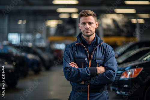 Engine of Industry: High-Resolution Portrait of a Young Mechanic Standing Confidently in a Bustling Car Factory Workshop