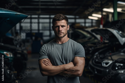 Engine of Industry: High-Resolution Portrait of a Young Mechanic Standing Confidently in a Bustling Car Factory Workshop © Moritz