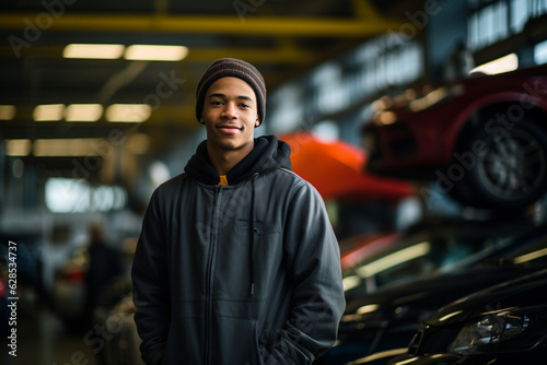 Engine of Industry: High-Resolution Portrait of a Young Mechanic Standing Confidently in a Bustling Car Factory Workshop