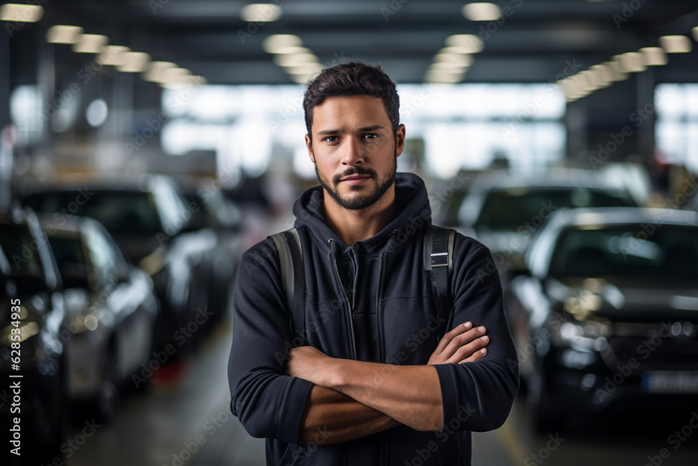 Engine of Industry: High-Resolution Portrait of a Young Mechanic Standing Confidently in a Bustling Car Factory Workshop Engine of Industry: High-Resolution Portrait of a Young Mechanic Standing Confidently in a Bustling Car Factory Workshop