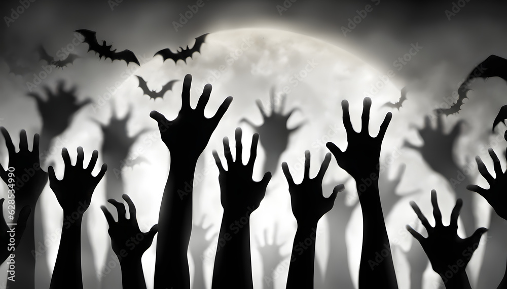 Zombie hand emerging from the ground, Graveyard in spooky death Forest At Halloween Night