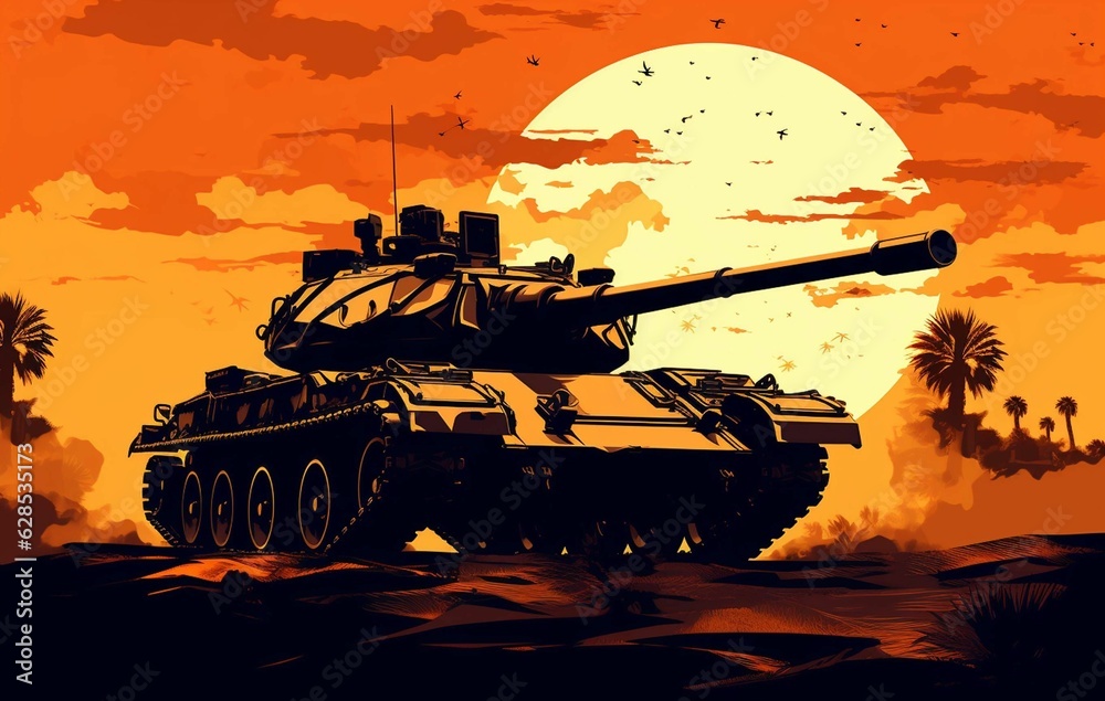 AI generated illustration of A brown military tank in a desert setting with a stunning orange sky