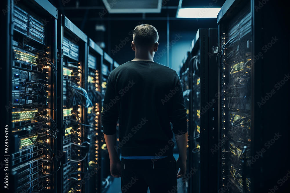 Fototapeta premium An IT specialist in a server room, carefully managing and organizing racks of equipment Generative AI