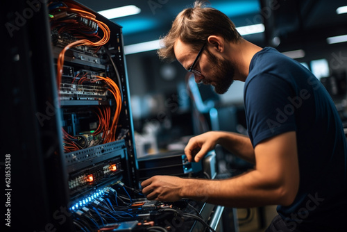 An IT specialist setting up a new computer system, ensuring all components are connected flawlessly Generative AI
