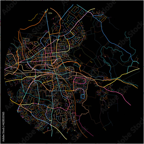 Colorful Map of RoyalLeamingtonSpa, West Midlands with all major and minor roads.