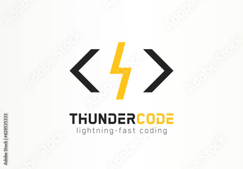 Thunder code logo. Fast coding logotype idea. Program development, computer technology concept. flash abstract brand for business company. Bolt in brackets design element. Vector line icon