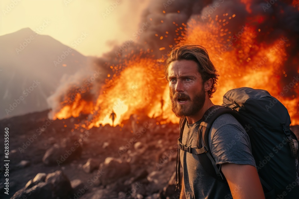 Obraz premium AI generated illustration of a young adult trekking through a mountain burning in a fire