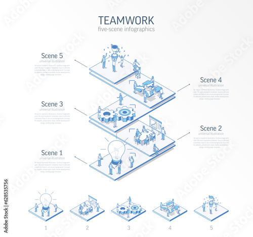 3d line isometric teamwork infographic template. Office work. success, communication presentation layout. 5 option steps, process parts, growth concept. Business people team. Cooperation, trophy icon.