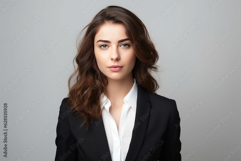 AI-generated illustration of a woman wearing a suit while standing against a light gray background