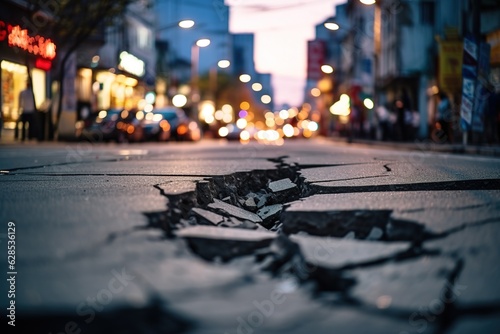 Fotografia In a busy city street, there is a road with a long crack, depicting the effects of an earthquake