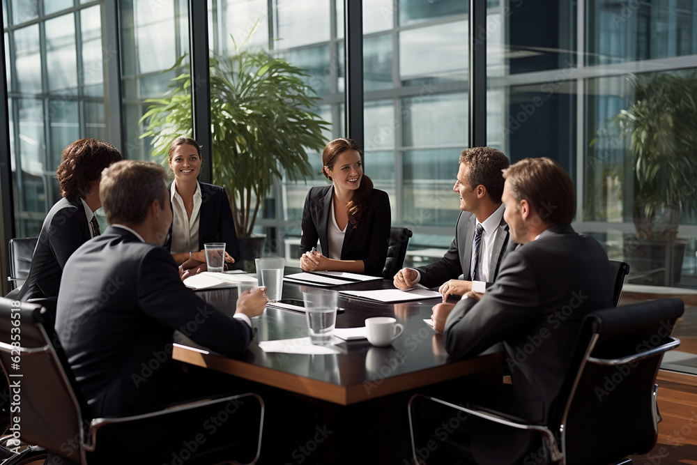 A formal business meeting with professionals dressed in business attire, maintaining a professional atmosphere Generative AI