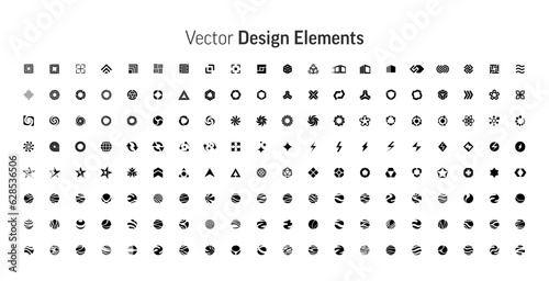 Vector design elements set. Abstract geometric shape silhouettes, black brutalism forms. Modern trendy minimalist basic logo figures, stars, lines, circles, memphis geometric icons. Business logotype.