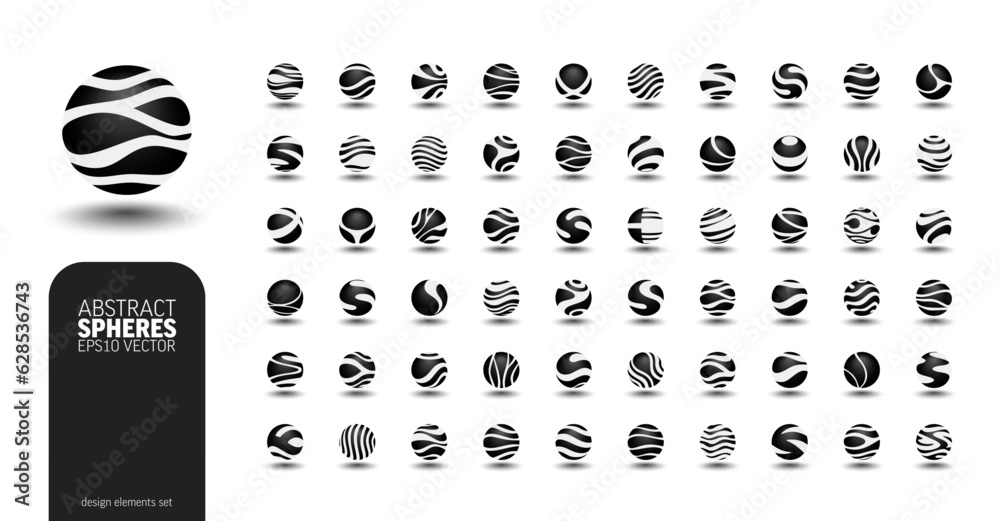 3D spheres logo set, geometric shapes collection, vector abstract icon, graphic design elements. Round, circle form business logotypes. Minimalistic halftone black globe, ball with dot, wave, line.