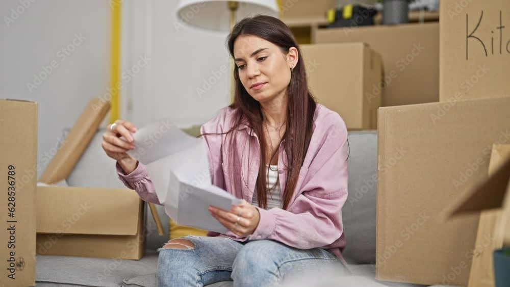Young beautiful hispanic woman reading letter sitting on sofa with winner gesture at new home