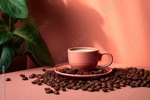 Pink cup, coffee beans on the table, plants with green leaves and background with shadows