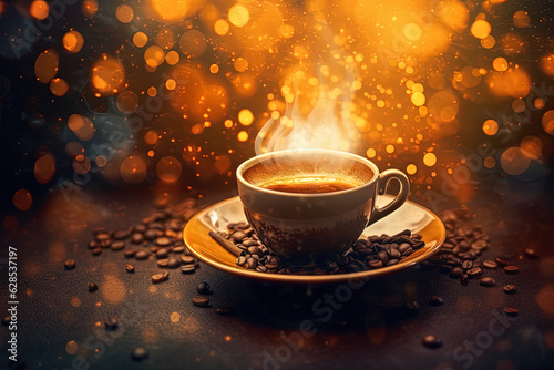 Cup and coffee beans on the table with blurred background and boken lights