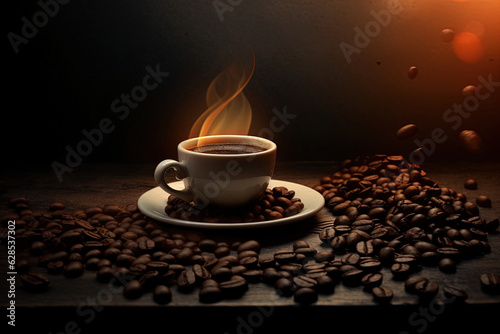 Cup with freshly brewed coffee, coffee beans on top of wooden table on soft light background