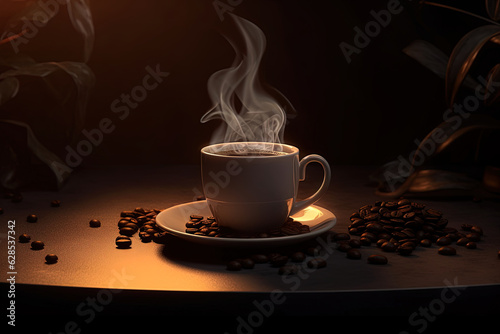 Cup and coffee beans on the table with soft light, empty space and dark background