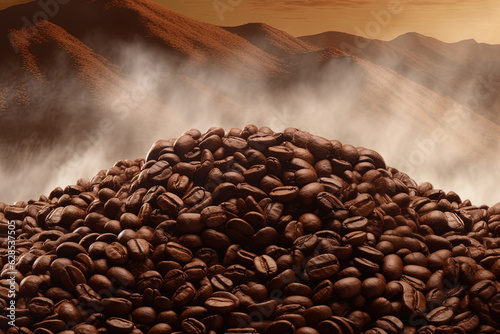 Pile of black coffee beans on blurred landscape background with soft gradient light