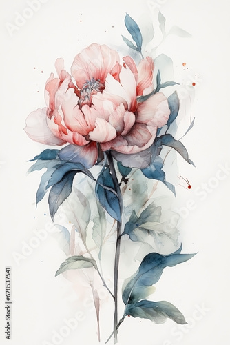 Watercolor peony on white background