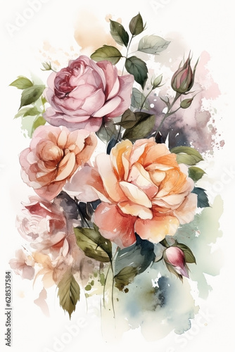 Watercolor roses bouquet illustration on white background. Wedding invitation. Botanical art print