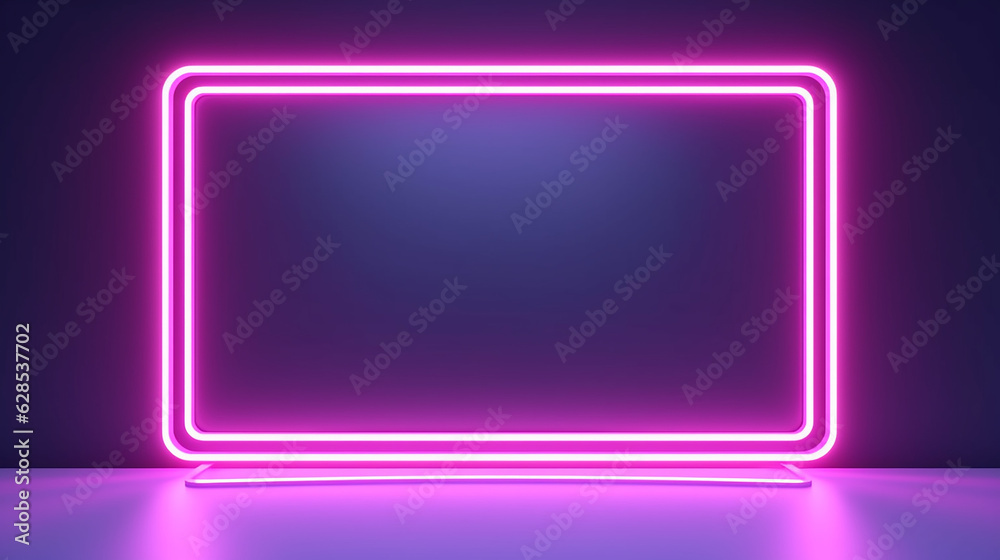 neon glowing rectangular frame on a blurry background. neon glowing rectangular frame on a blurry background.