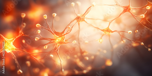 Neuron cells in a dark, in the style of dark orange and light gold, photorealistic fantasies  created with Generative AI technology © Oksana