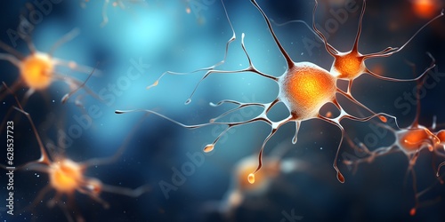 Neuron cells in a dark, in the style of dark orange and light gold, photorealistic fantasies created with Generative AI technology